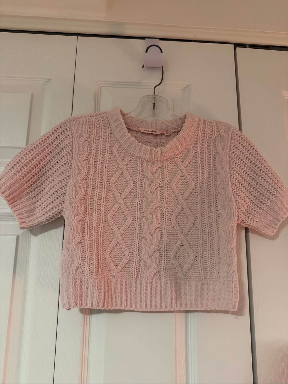 La Vie En Rose Pale Pink Cable Knit Short Sleeve Sweater